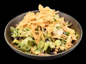 Close-up of a mixed green salad with avocado, corn, and crispy strips.
