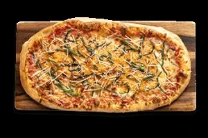 Oval pizza with tomato sauce, melted cheese, herbs on wooden board.