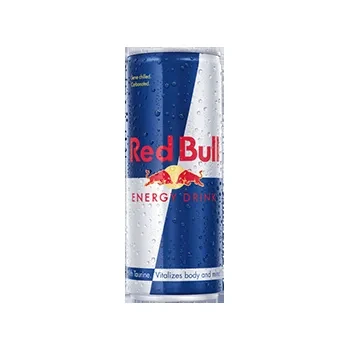 Upright Red Bull energy drink can with condensation on white.