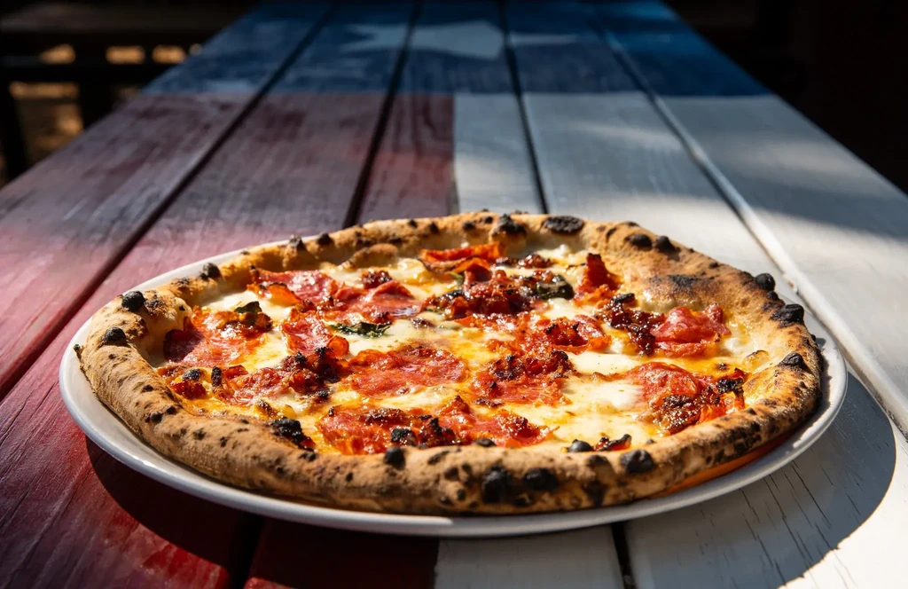 Neapolitan pizza with pepperoni, cheese, and herbs on a patriotic wooden table.