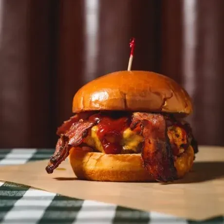 Gourmet burger with brioche, thick patty, melted cheese, bacon, red sauce.