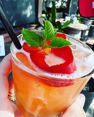 Hand holding orange cocktail garnished with red pepper, basil, and ice.