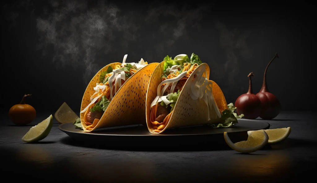 Three crispy hard-shell tacos with meat, lettuce, cheese, creamy sauce.