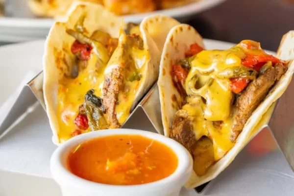 Two soft flour tacos with meat, bell peppers, queso, and salsa.