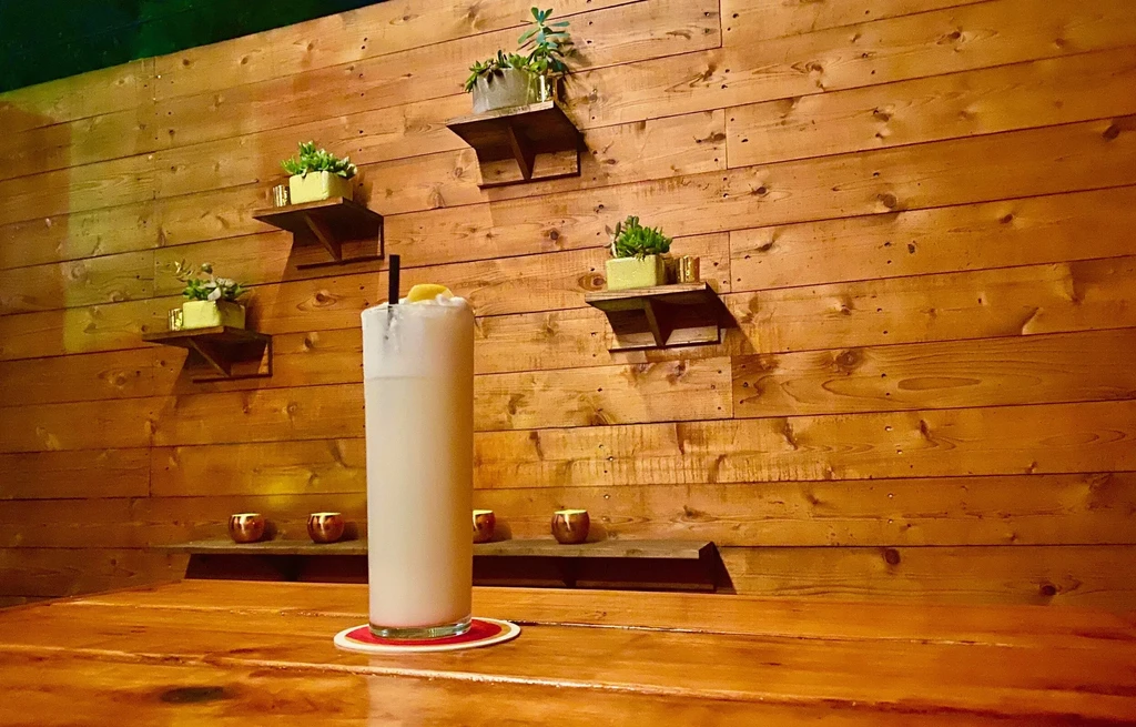 Light cocktail with lemon and straw, rustic wooden shelves with succulents.