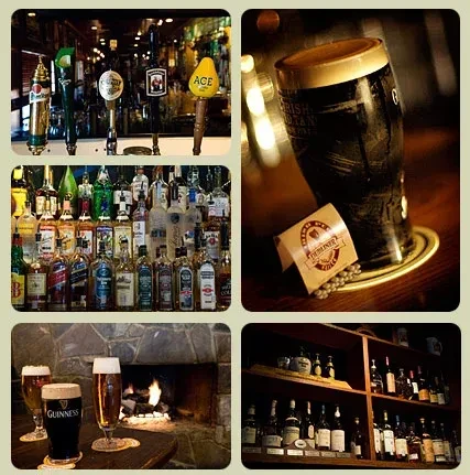 Five photos showcasing different drinks and a warm atmosphere inside a pub.