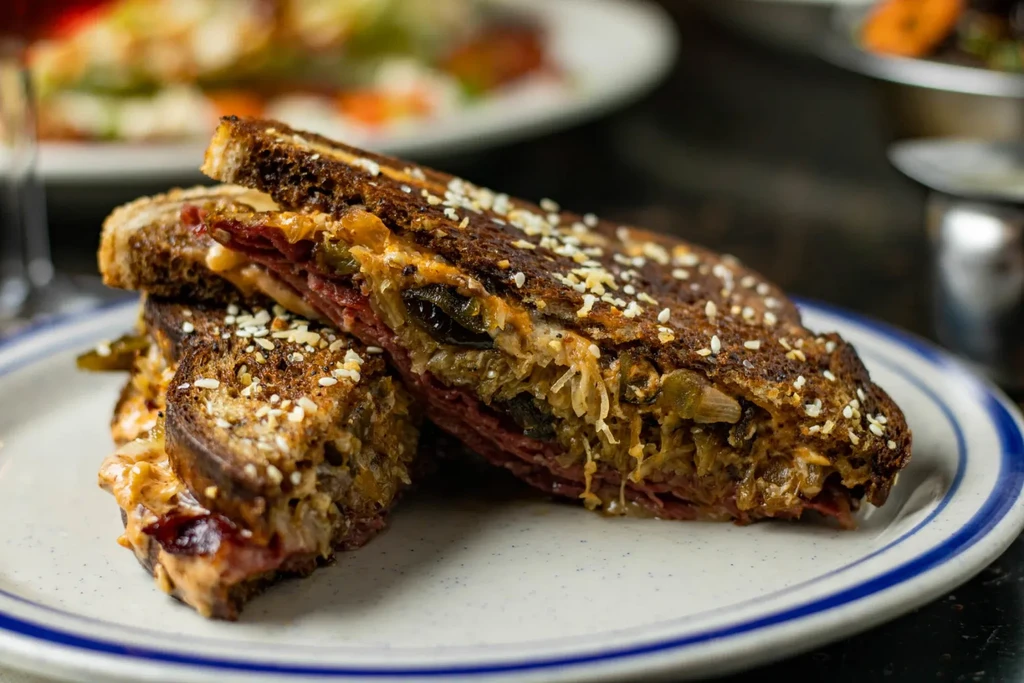 Grilled deli sandwich, cut in half, with meat, sauerkraut, and sauce.
