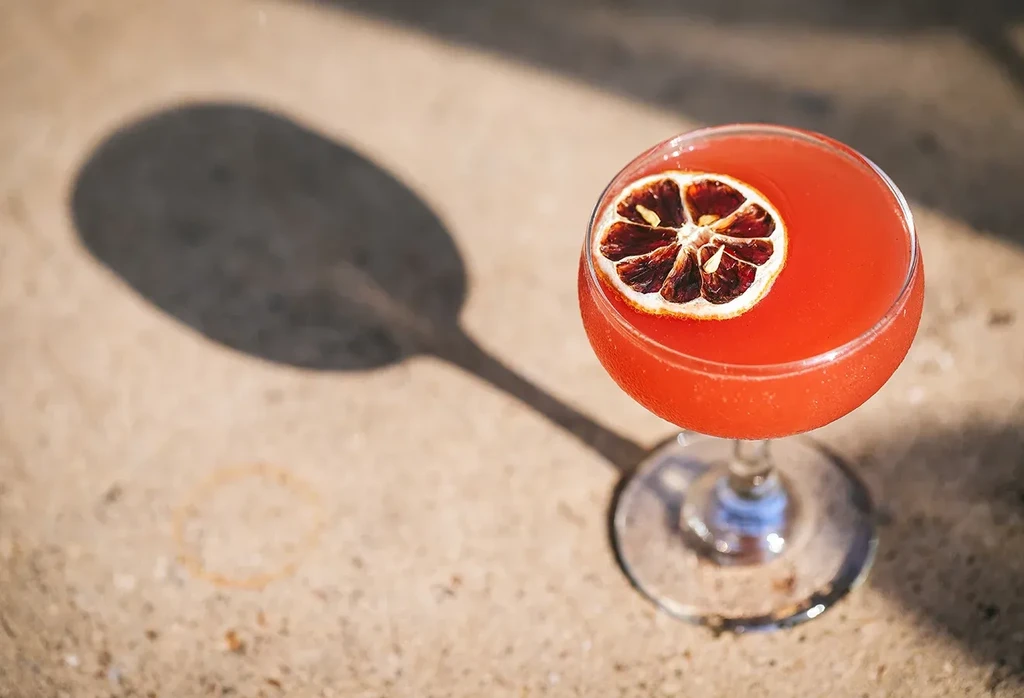 Sunlit red cocktail in coupe glass with dried citrus on concrete.
