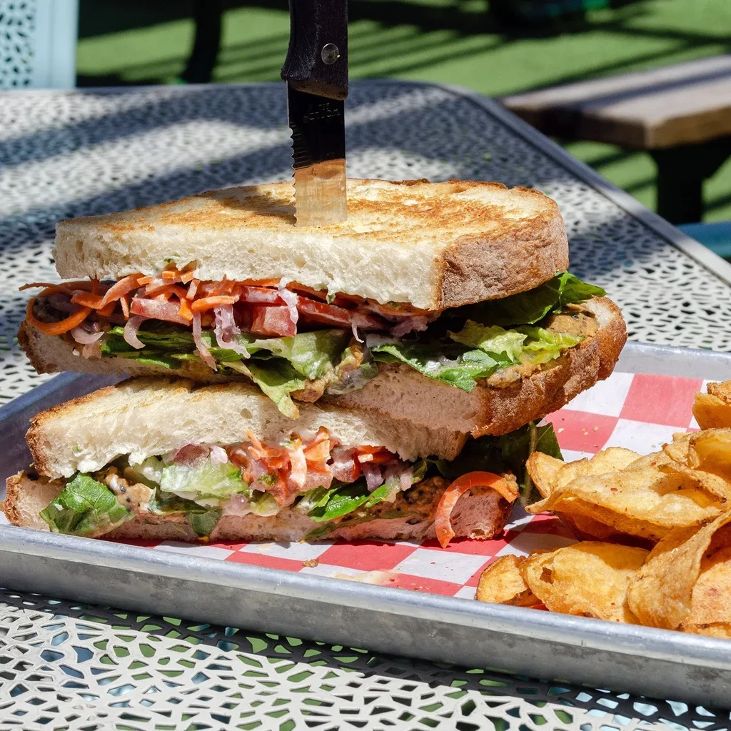 Toasted sandwich cut in half, knife-held, with chips outdoors.