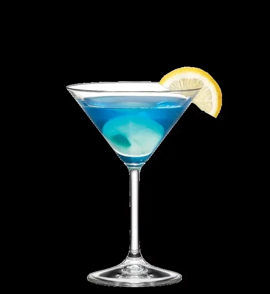 Blue martini with lychee fruit and lemon wedge on black background.
