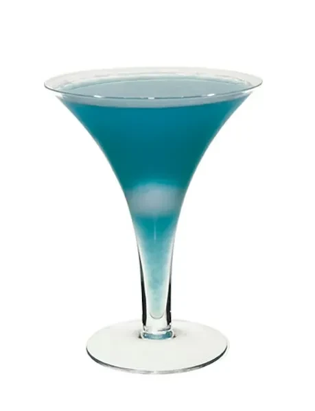 A vibrant, two-toned blue cocktail in a contemporary glass.
