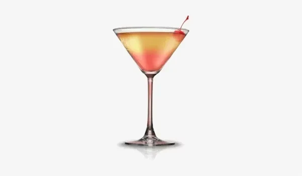 Gradient cocktail in martini glass, yellow to red, with cherry.