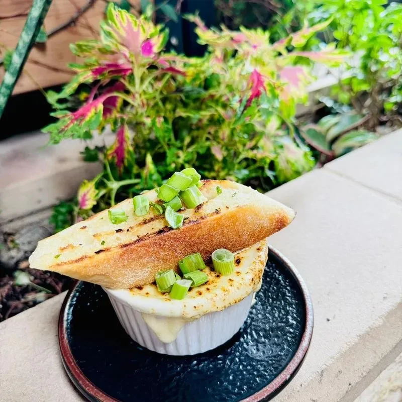 Ramekin with baked creamy dish, grilled bread, green onions, outdoors.