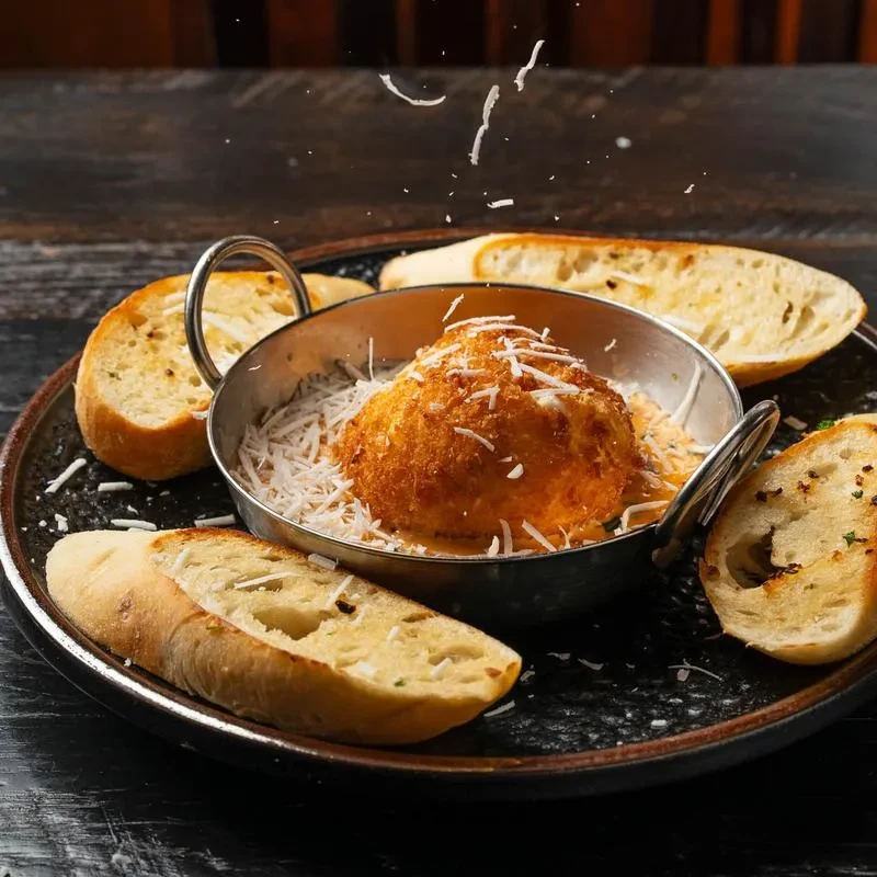 Deep-fried ball in pan with falling cheese and garlic bread.