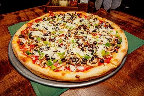 Large pizza with cheese, black olives, mushrooms, and green bell peppers.