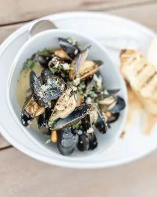 White bowl of steamed mussels with creamy sauce, herbs, and grilled bread.