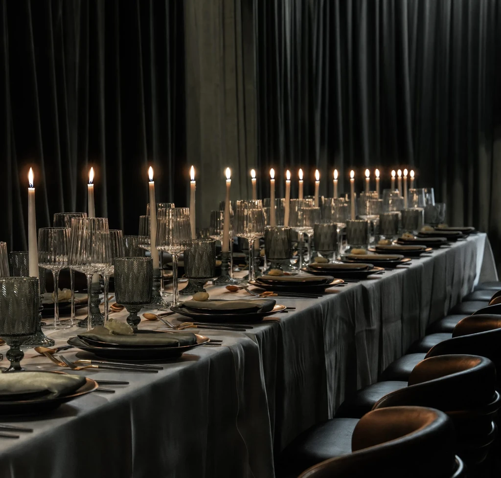 Elegantly set table with glowing candles, dark plates, and chairs.