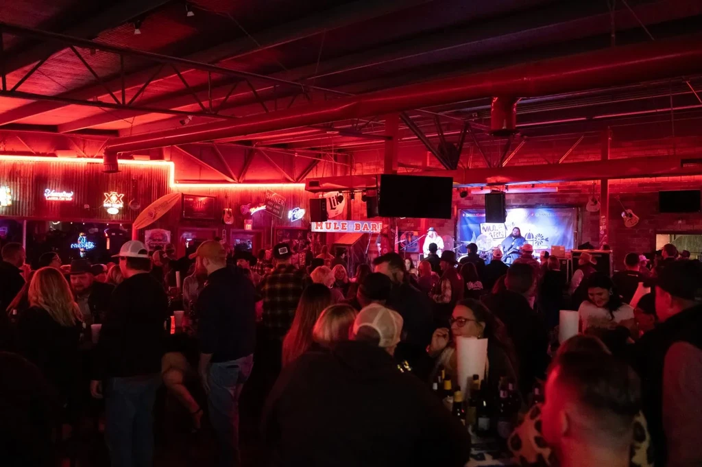 Crowded bar interior with red lights, a stage, and live band.