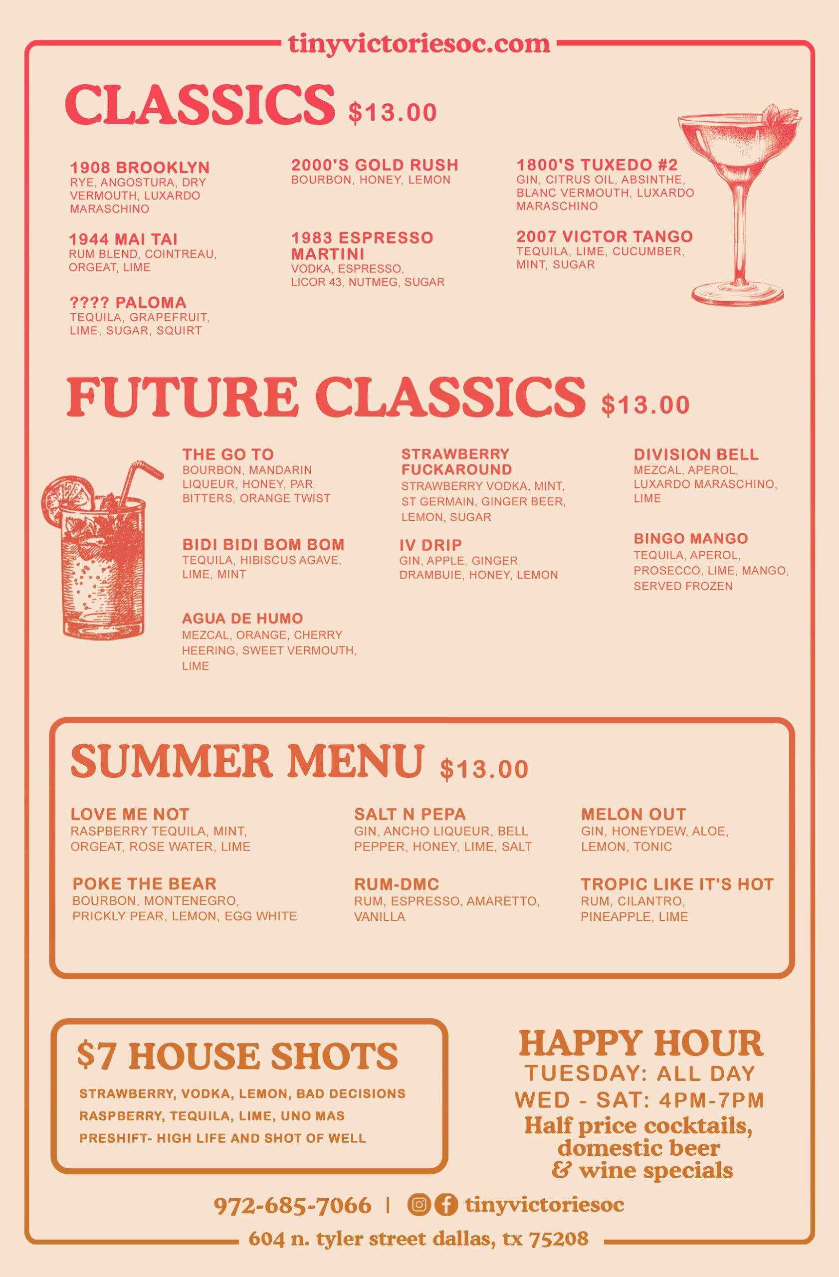 Tiny Victories cocktail menu featuring classic, future, and summer drinks.