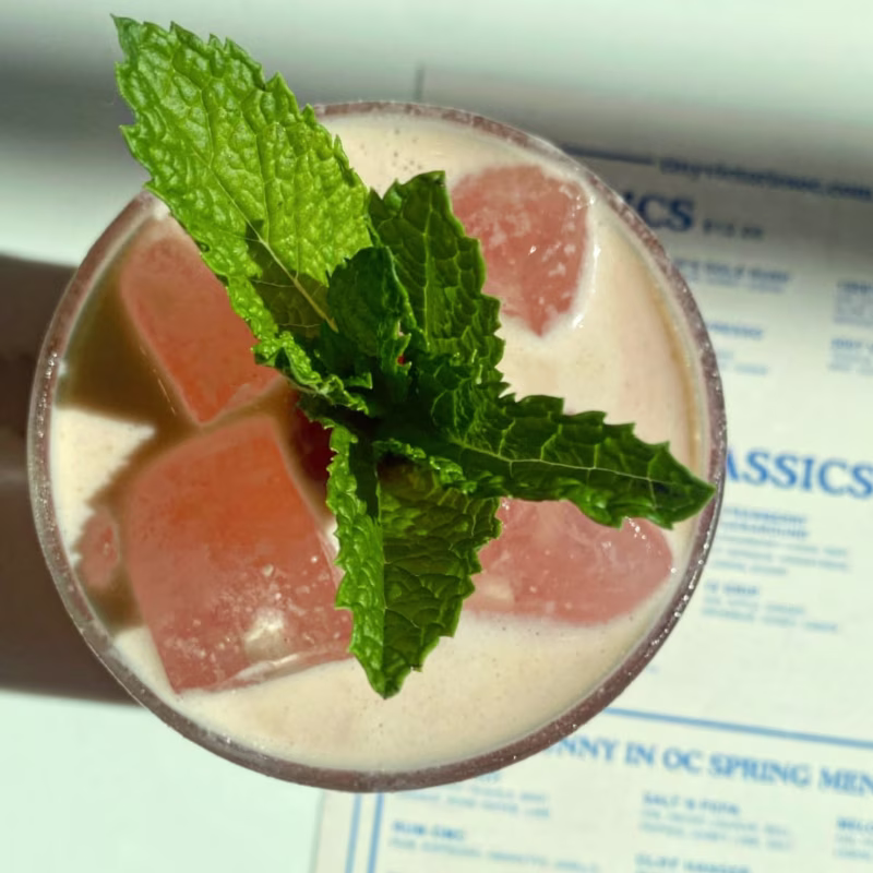 Overhead view of a cocktail with mint garnish and pink cubes.