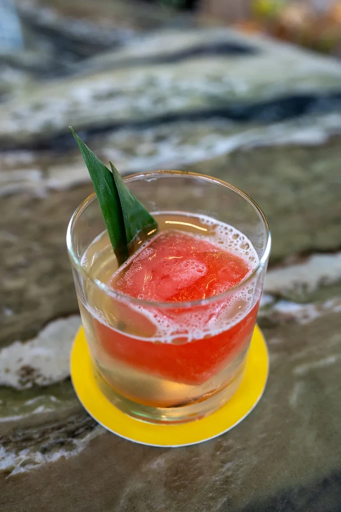 Amber cocktail with frothy top, red square ice, and green leaves.