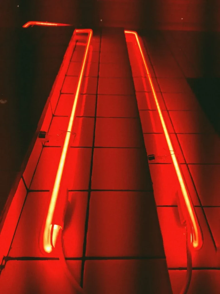 Two parallel red neon lights extend across a dark tiled floor.