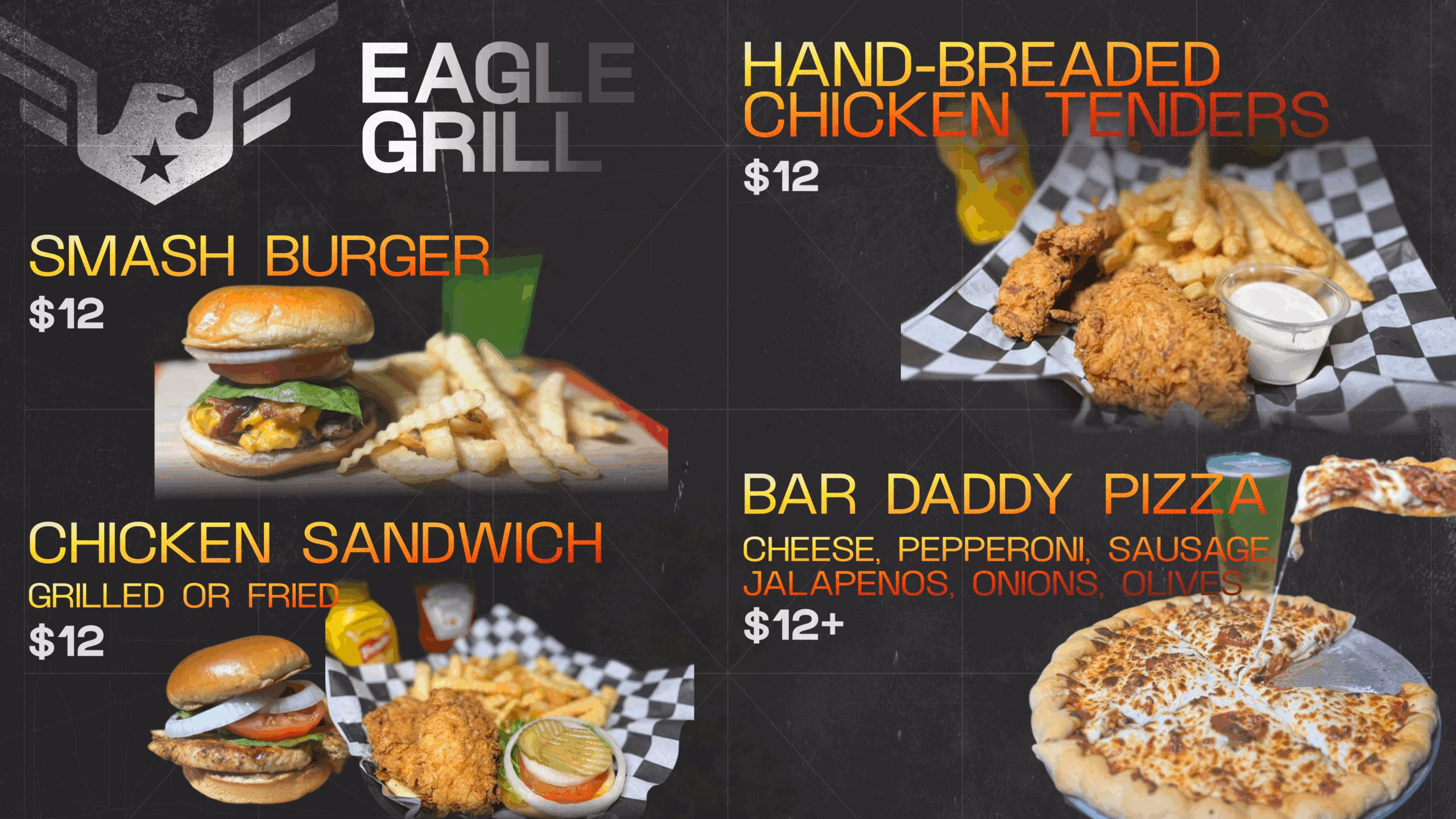 Eagle Grill menu with burgers, chicken tenders, chicken sandwiches, and pizza.