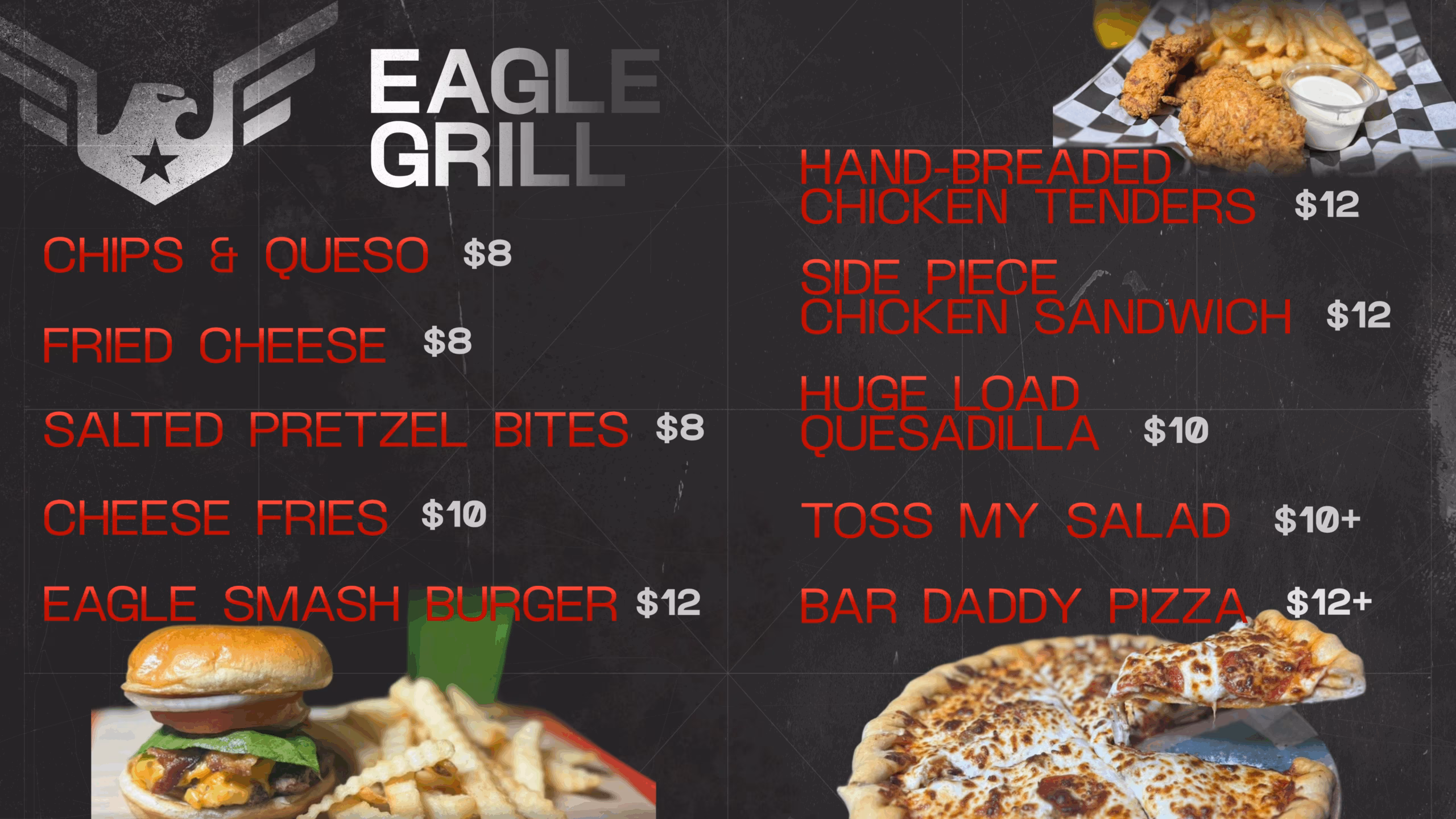 Eagle Grill menu board displaying chicken, burger, pizza, and prices.