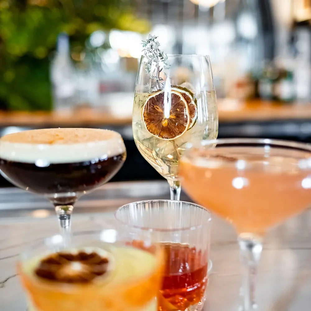 Espresso martini, spritz and cocktails on marble bar top