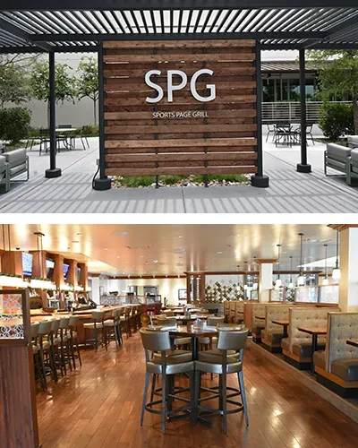 Composite of Sports Page Grill's outdoor patio and empty interior.