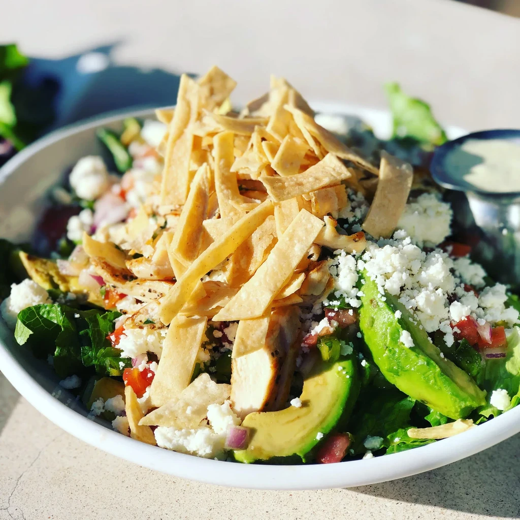 Close-up of a vibrant chicken and avocado salad with tortilla strips.