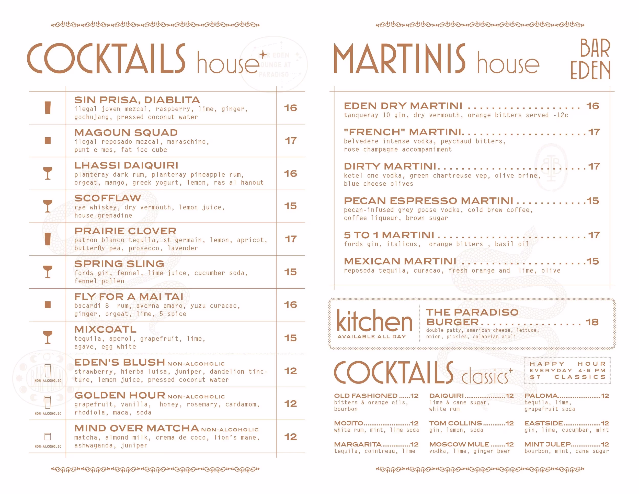 Printed menu for cocktails, martinis, and classics from Bar Eden.