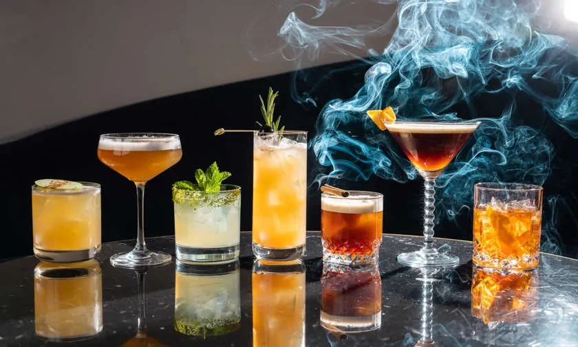Six garnished cocktails in varied glasses on a reflective, smoky background.