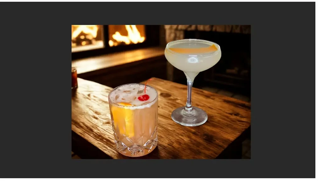 Amber and clear cocktails on a wooden table by a fireplace.