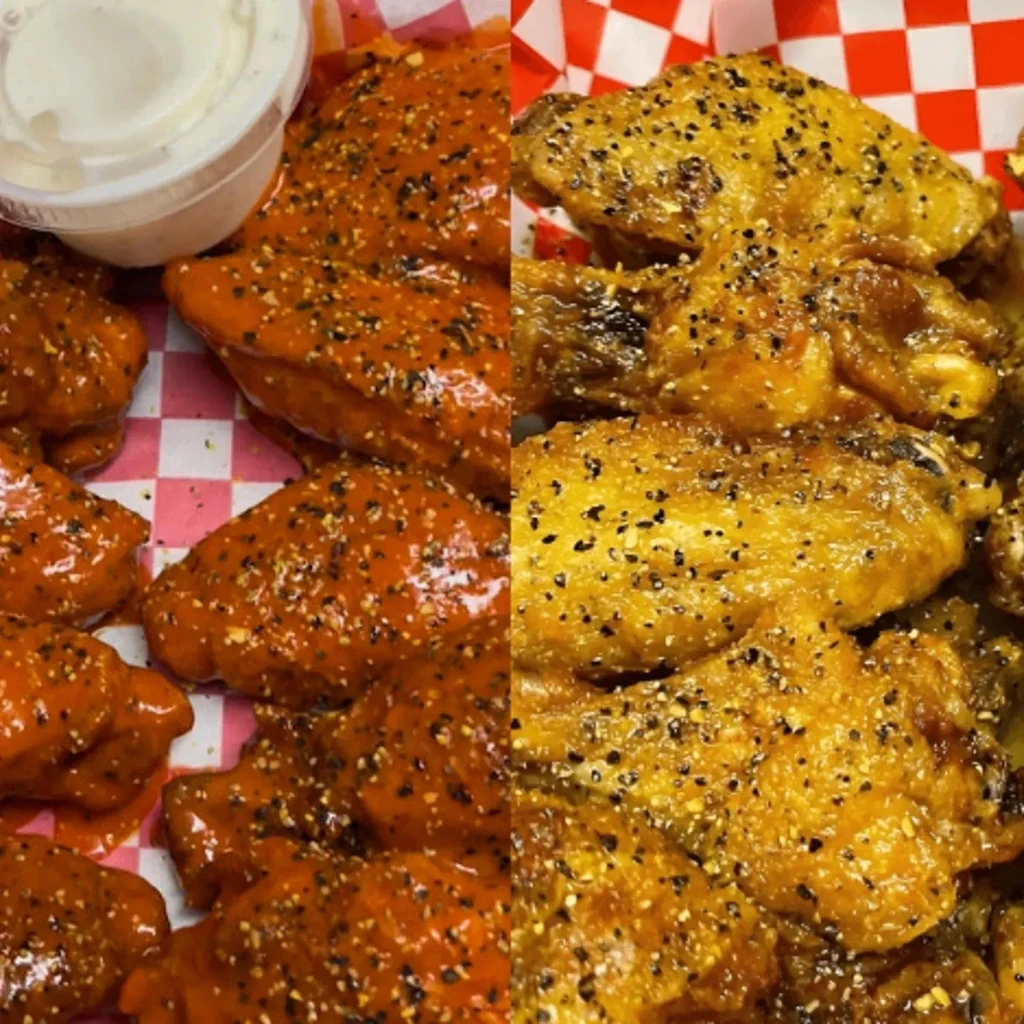 Split image of red-orange and golden seasoned chicken wings with dip.