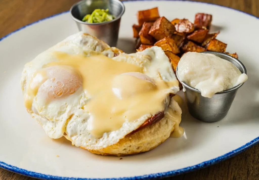 Fried eggs with creamy sauce on biscuit, roasted potatoes, two condiments.