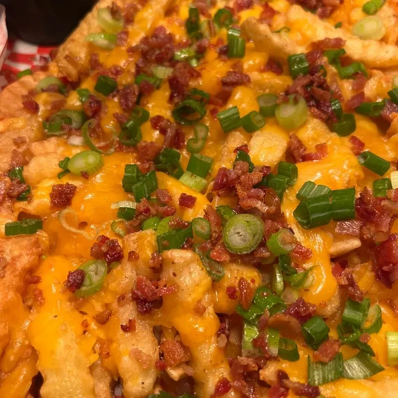 Crispy waffle fries with melted cheddar, bacon, and green onions.