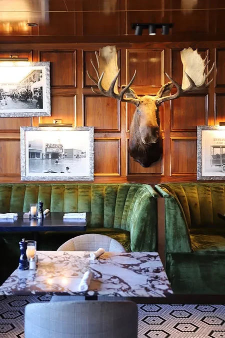 Cozy restaurant interior with large moose head and green velvet banquettes.
