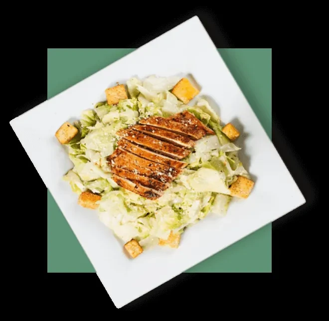 Close-up grilled chicken Caesar salad with croutons on a white plate.