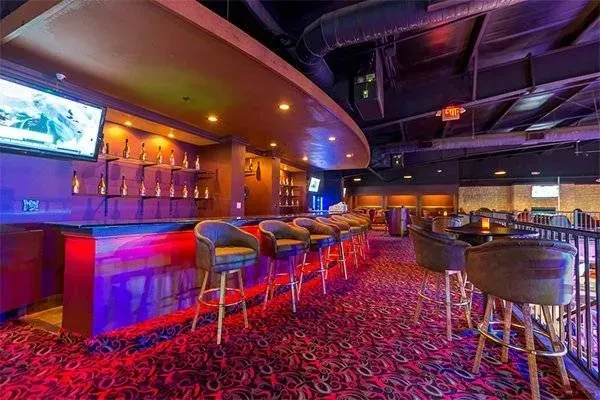 Empty modern bar with curved counter, colorful lighting, and industrial ceiling.