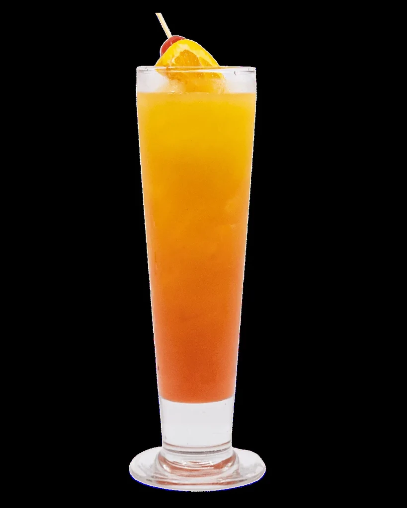 Vibrant gradient drink, orange and cherry garnish, black background.