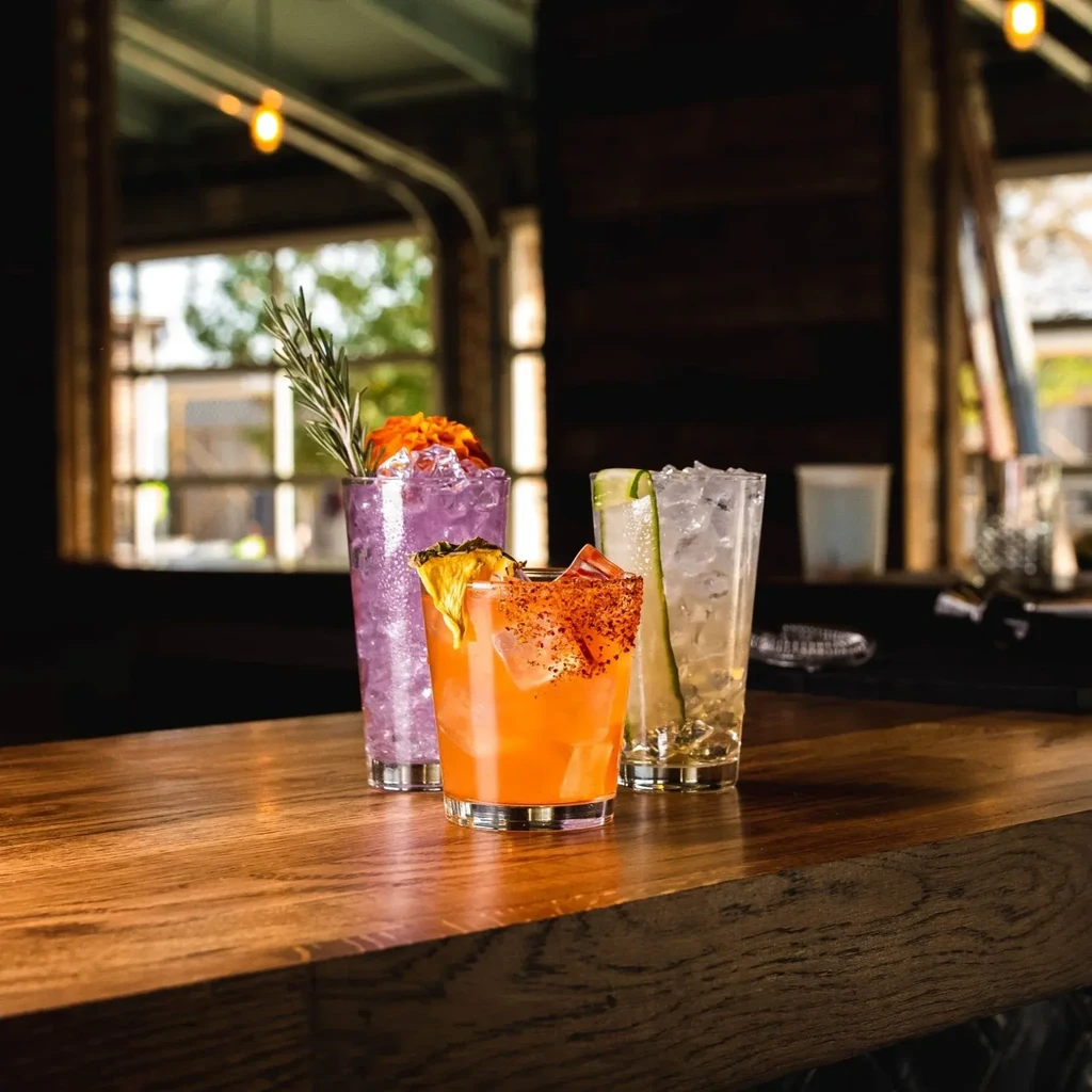 Three distinct, garnished cocktails on a polished wooden bar.