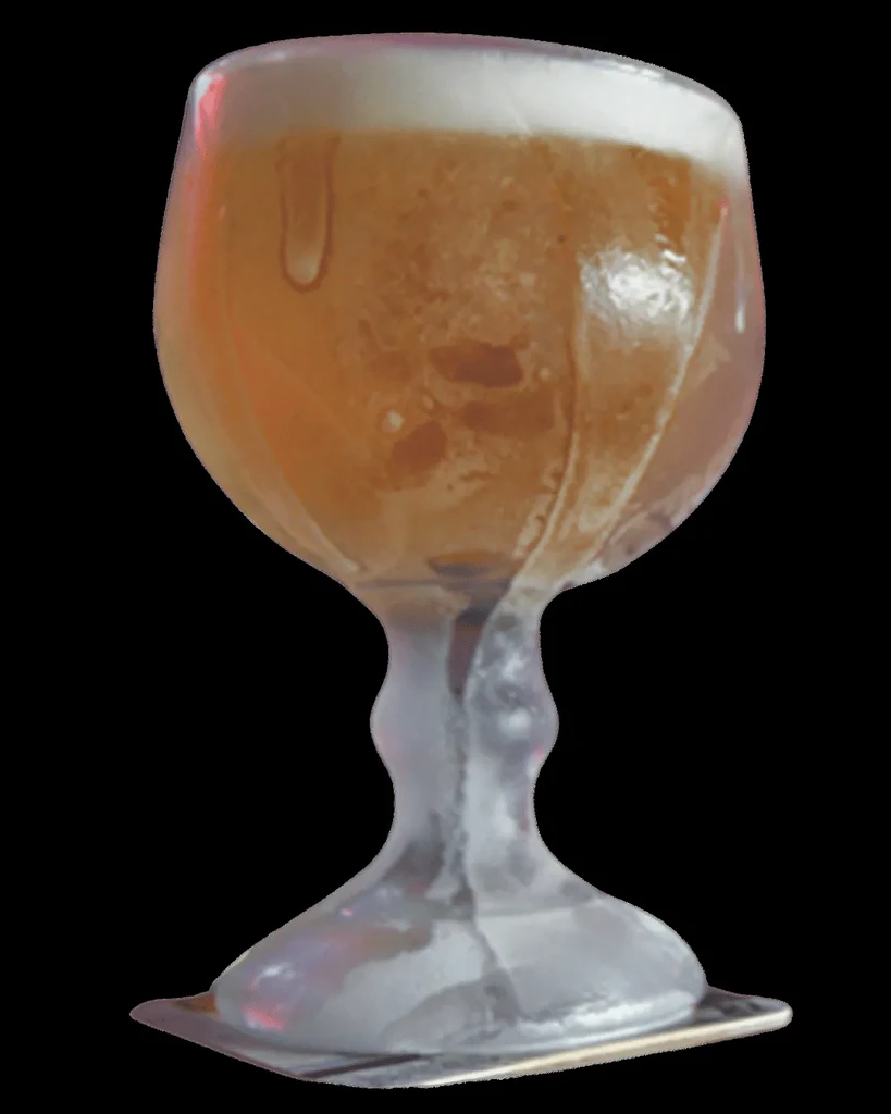 Textured stemmed glass with amber beverage, frothy white head, black background.