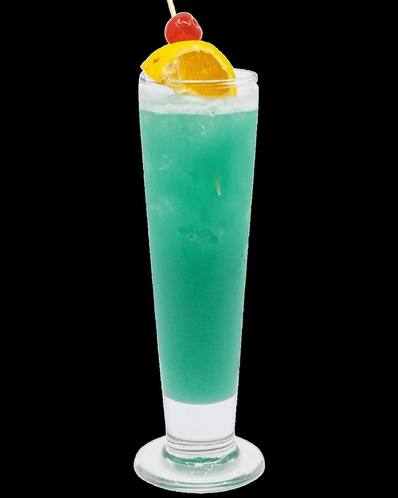 Frothy, teal-blue cocktail with orange and maraschino cherry garnish.