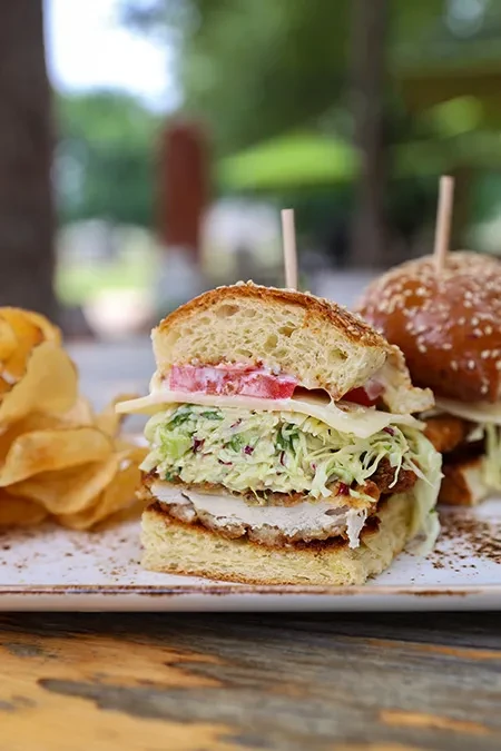 Close-up: Half fried chicken sandwich, coleslaw, cheese, tomato, and chips.