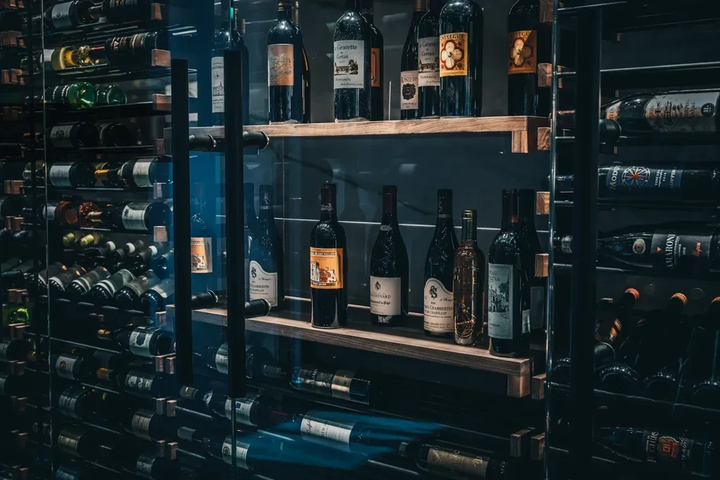 Modern, dim-lit wine cellar with many bottles on display.