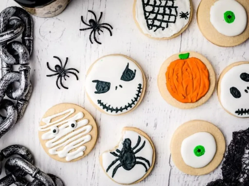 Overhead view of various Halloween sugar cookies and spooky decorations.