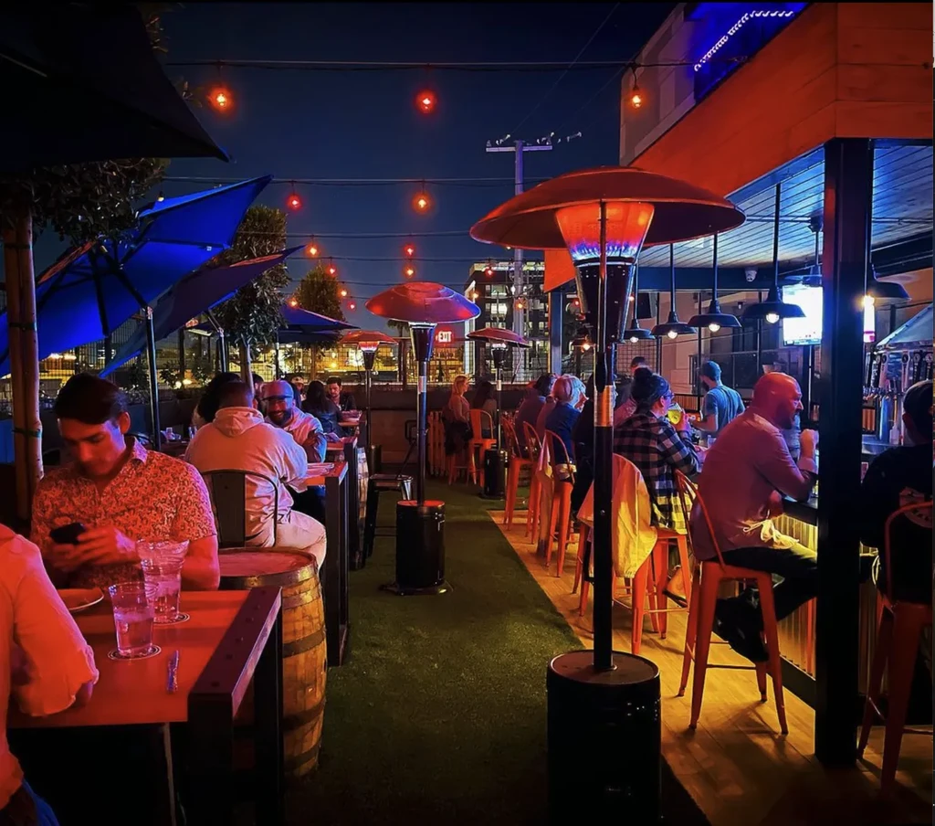 Outdoor bar at night with string lights, heaters, umbrellas, and people.