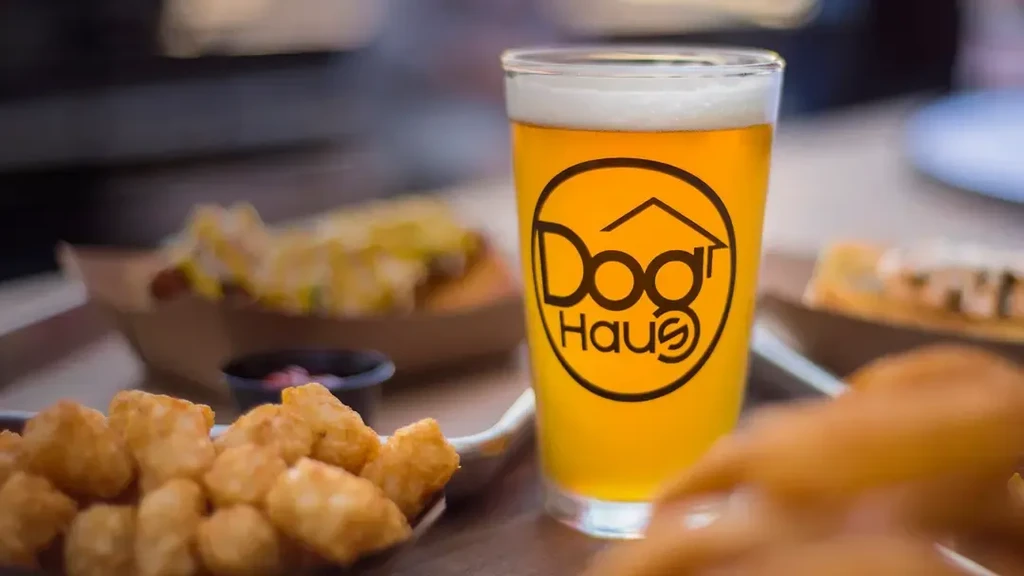 Close-up of Dog Haus beer, tater tots, and red sauce.