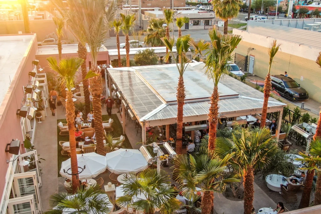 Elevated tropical patio with palm trees, seating, and many people.